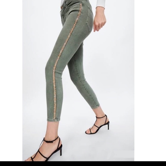 ZARA 1975 Jeans GREEN W/ GOLD GLITTER stripe